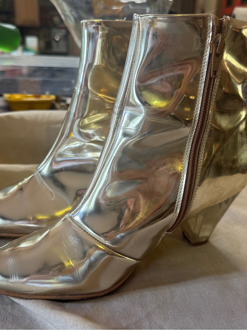 Free People Metallic Gold Ankle Booties with Side Zip clear heal REFLECTIVE